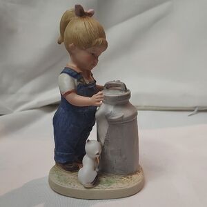 Charming Girl and Milk Can Figurine with White Cat "Denim Days"